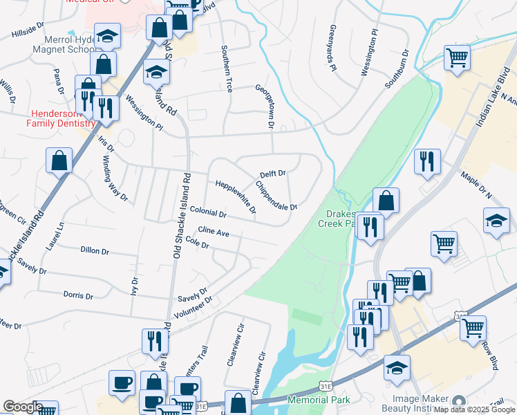 map of restaurants, bars, coffee shops, grocery stores, and more near 123 Hepplewhite Drive in Hendersonville