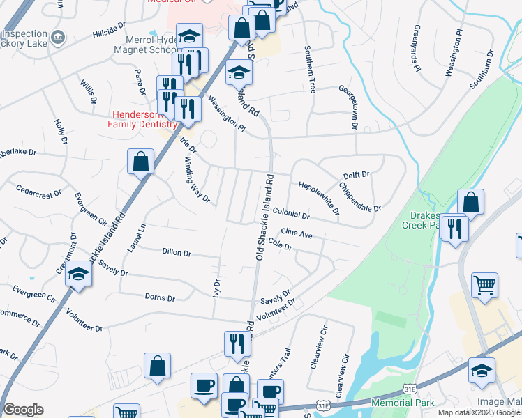 map of restaurants, bars, coffee shops, grocery stores, and more near 279 Old Shackle Island Road in Hendersonville