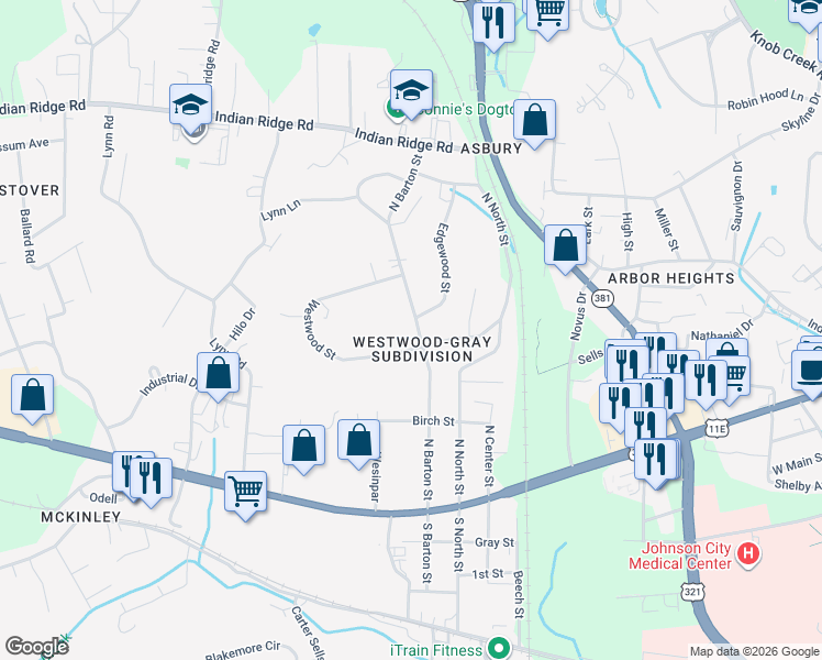 map of restaurants, bars, coffee shops, grocery stores, and more near 2312 Westwood Street in Johnson City