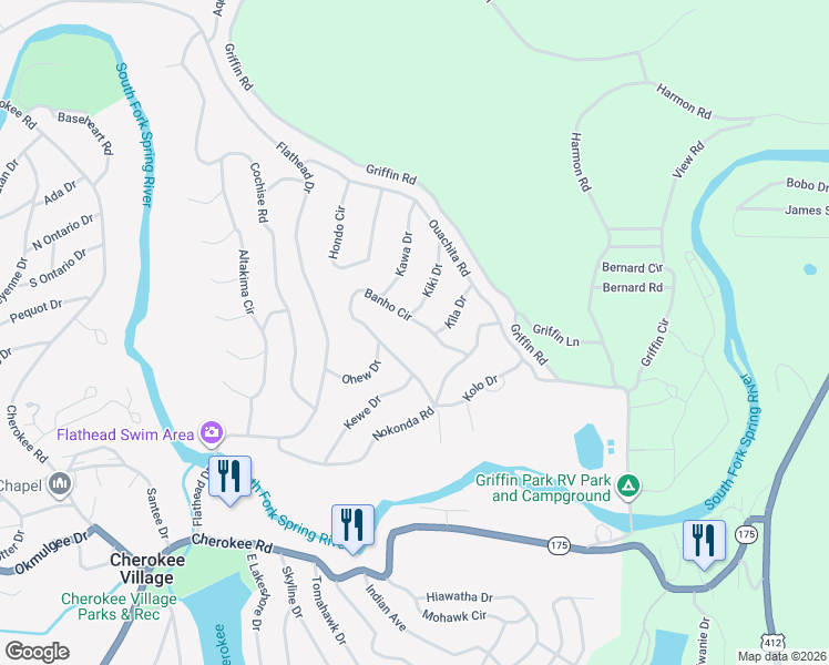 map of restaurants, bars, coffee shops, grocery stores, and more near 49 Banho Circle in Cherokee Village