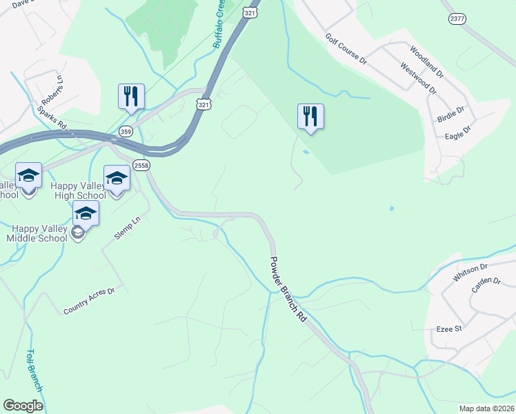 map of restaurants, bars, coffee shops, grocery stores, and more near 707 Powder Branch Road in Elizabethton