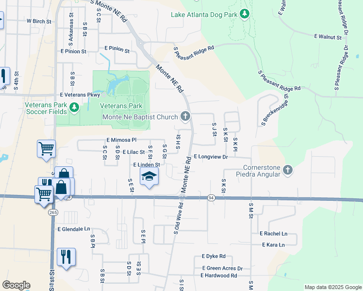 map of restaurants, bars, coffee shops, grocery stores, and more near 1710 Monte Ne Road in Rogers