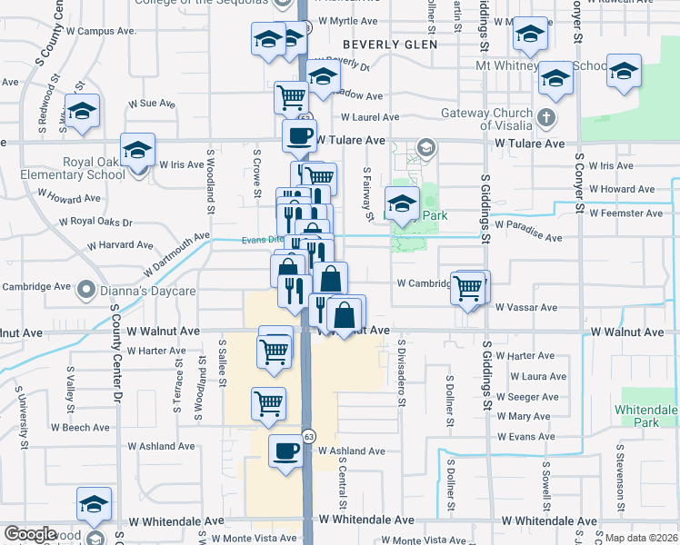 map of restaurants, bars, coffee shops, grocery stores, and more near 1715 South Central Street in Visalia