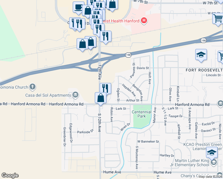 map of restaurants, bars, coffee shops, grocery stores, and more near 1625 West Hayden Avenue in Hanford