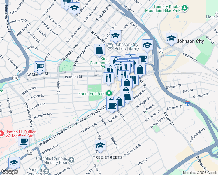 map of restaurants, bars, coffee shops, grocery stores, and more near 106 Commerce Street in Johnson City
