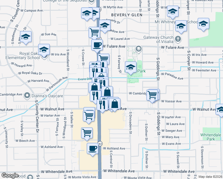 map of restaurants, bars, coffee shops, grocery stores, and more near 1739 South Fairway Court in Visalia