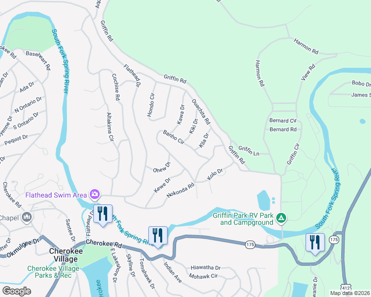 map of restaurants, bars, coffee shops, grocery stores, and more near 49 Banho Circle in Cherokee Village