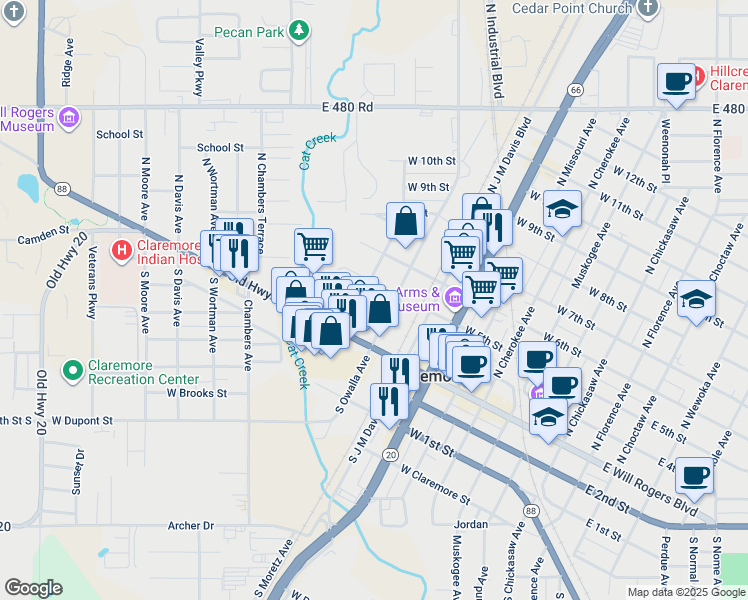map of restaurants, bars, coffee shops, grocery stores, and more near 216 North Oseuma Avenue in Claremore