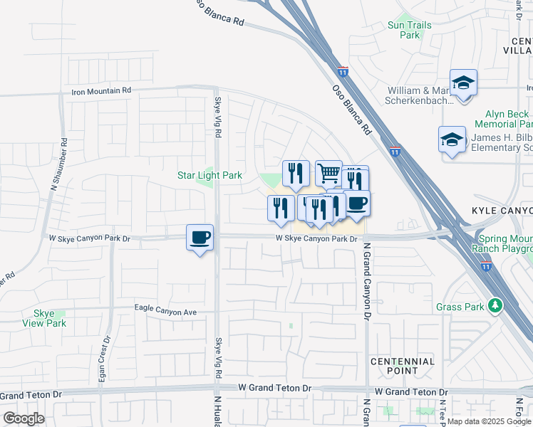 map of restaurants, bars, coffee shops, grocery stores, and more near 9953 Blackbark Court in Las Vegas
