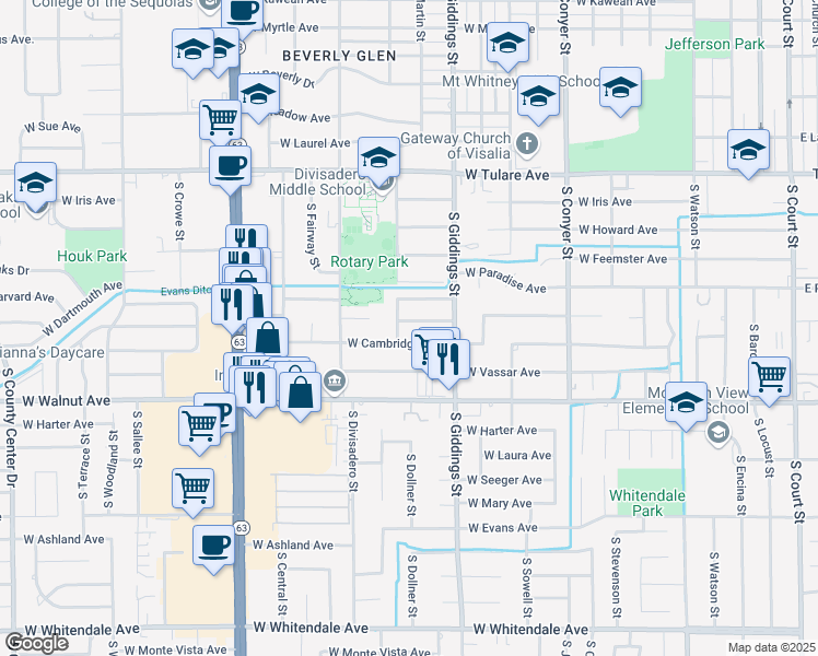 map of restaurants, bars, coffee shops, grocery stores, and more near 1427 West Princeton Avenue in Visalia