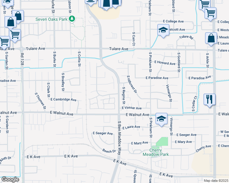 map of restaurants, bars, coffee shops, grocery stores, and more near 1652 South Exeter Court in Visalia
