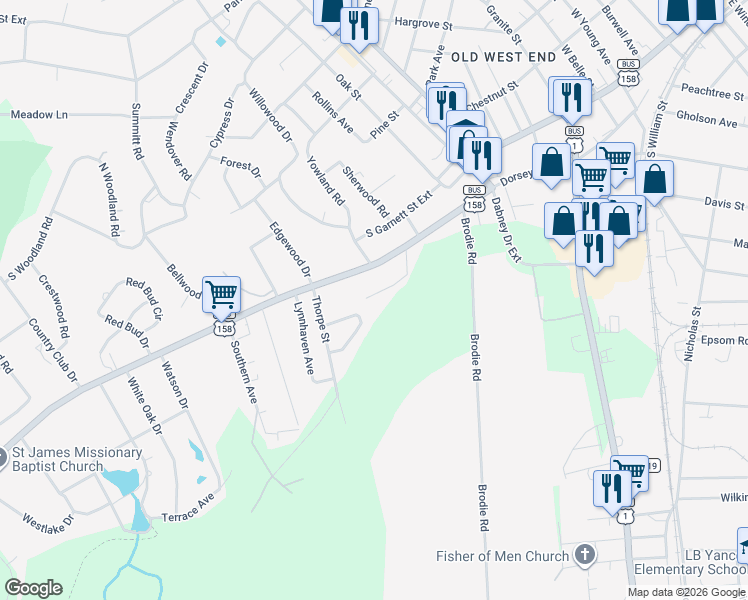 map of restaurants, bars, coffee shops, grocery stores, and more near 109 Lawndale Circle in Henderson