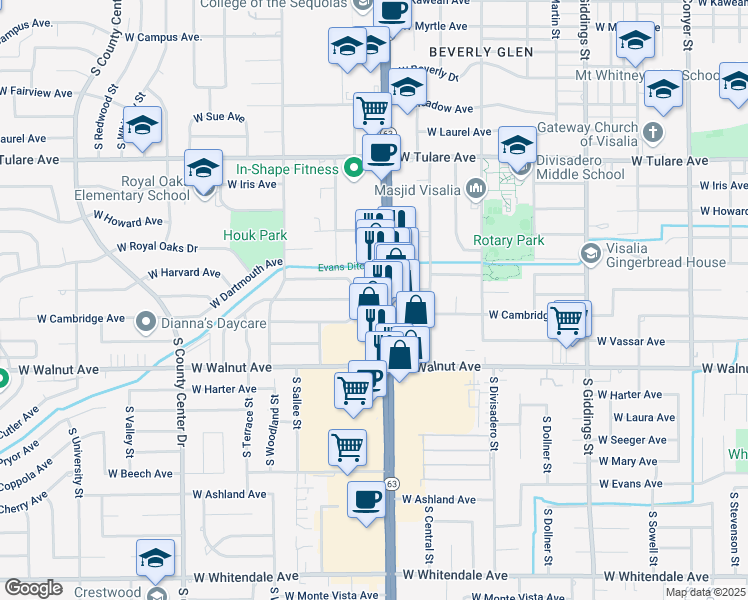 map of restaurants, bars, coffee shops, grocery stores, and more near 1809 South Mooney Boulevard in Visalia