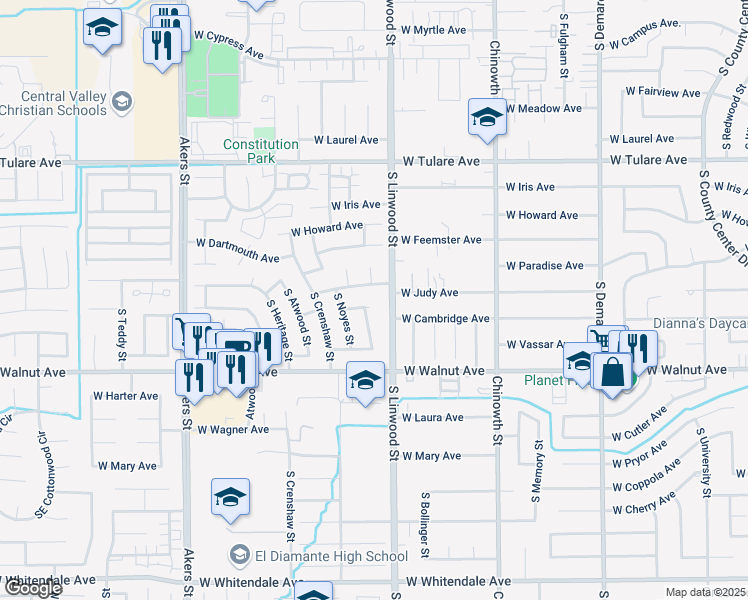 map of restaurants, bars, coffee shops, grocery stores, and more near 4600 W Judy Ave in Visalia