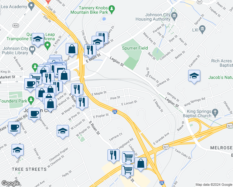 map of restaurants, bars, coffee shops, grocery stores, and more near 905 Henry Street in Johnson City