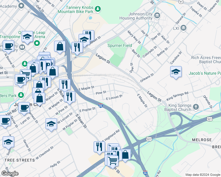 map of restaurants, bars, coffee shops, grocery stores, and more near 907 Afton Street in Johnson City