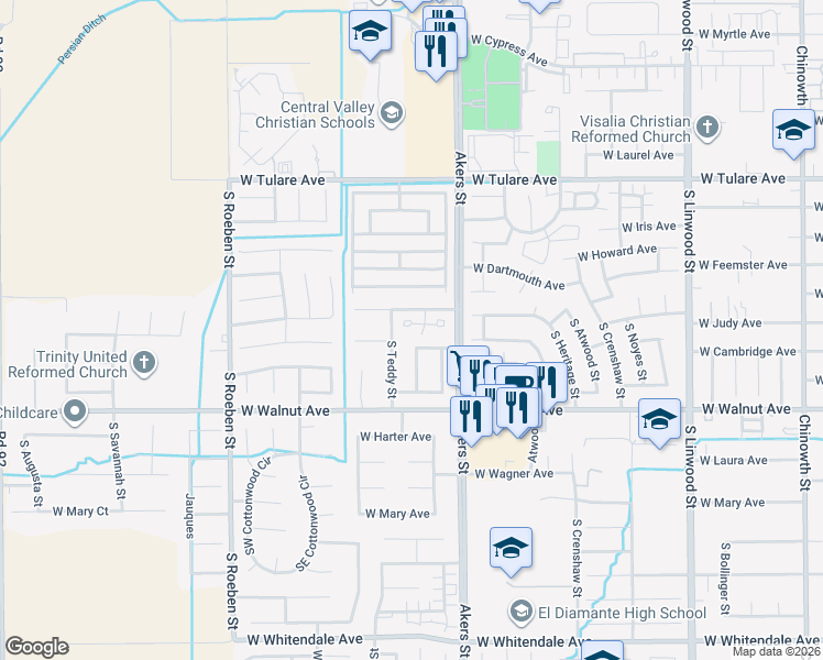 map of restaurants, bars, coffee shops, grocery stores, and more near 1740 South Teddy Street in Visalia