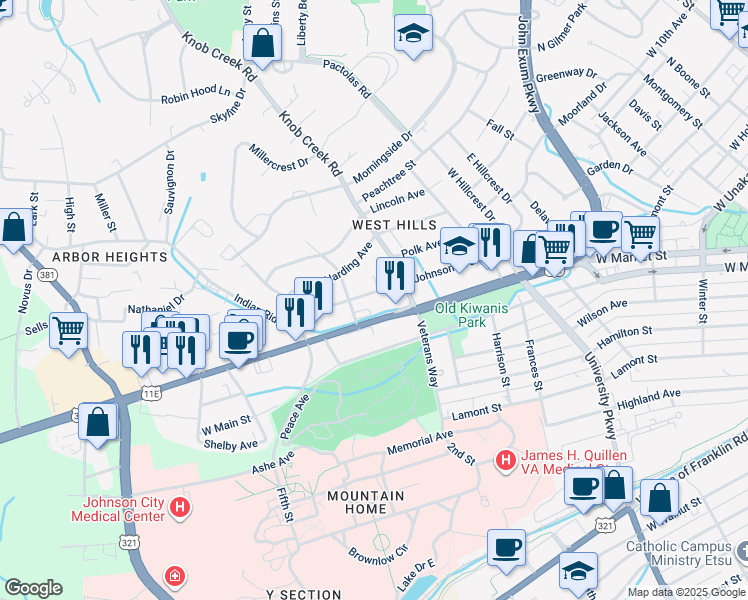 map of restaurants, bars, coffee shops, grocery stores, and more near 912 U.S. 11E in Johnson City