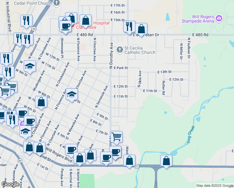map of restaurants, bars, coffee shops, grocery stores, and more near 701 East 11th Street in Claremore