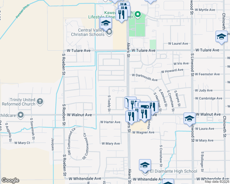 map of restaurants, bars, coffee shops, grocery stores, and more near 1740 South Teddy Street in Visalia