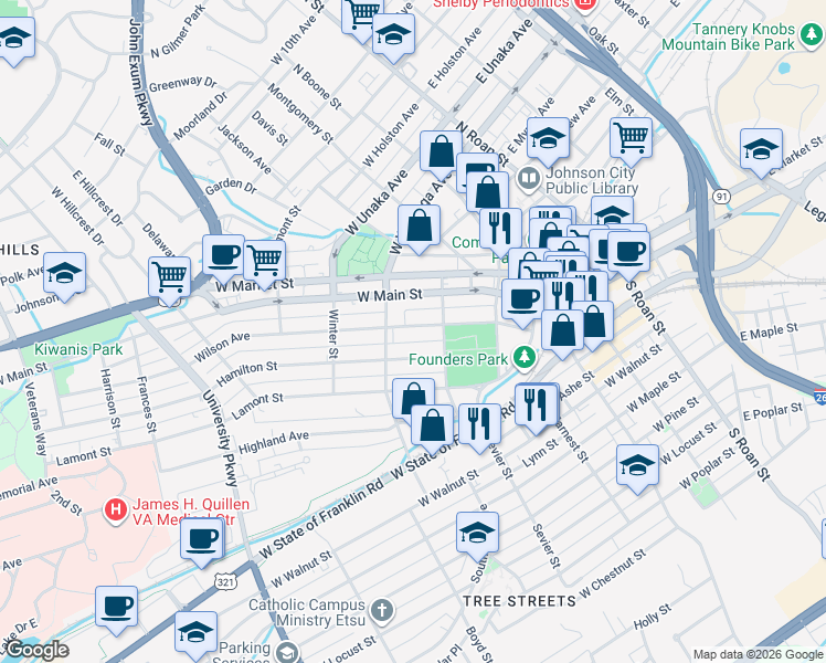map of restaurants, bars, coffee shops, grocery stores, and more near 217 Wilson Avenue in Johnson City