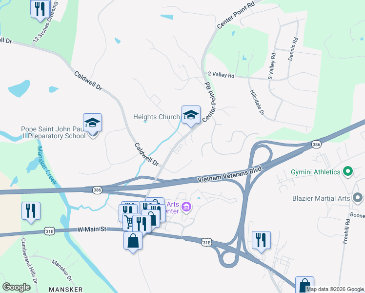 map of restaurants, bars, coffee shops, grocery stores, and more near 1004 Center Point Road in Hendersonville