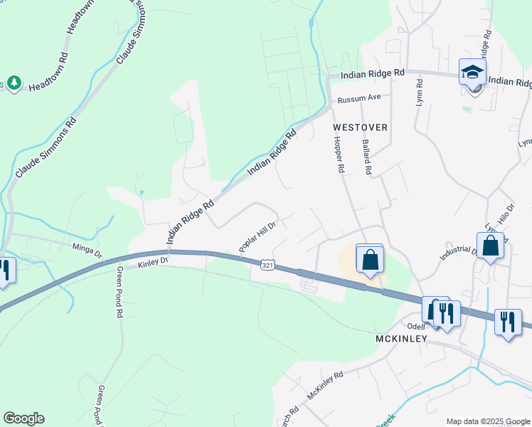 map of restaurants, bars, coffee shops, grocery stores, and more near 129 Poplar Hill Drive in Johnson City