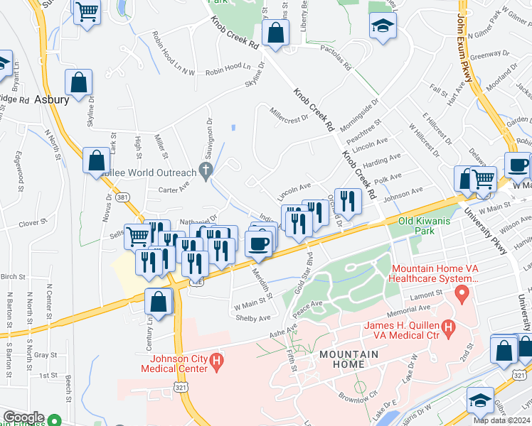 map of restaurants, bars, coffee shops, grocery stores, and more near 1230 Indian Ridge Road in Johnson City
