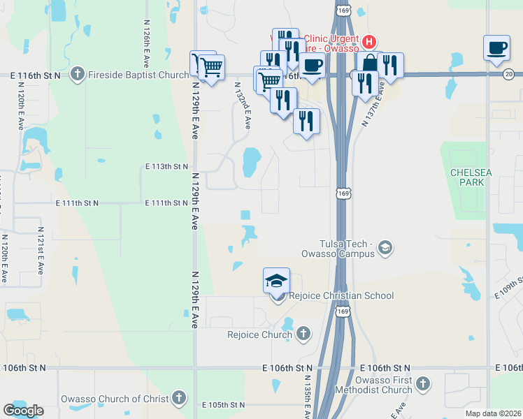 map of restaurants, bars, coffee shops, grocery stores, and more near 7547 North 132nd East Avenue in Owasso
