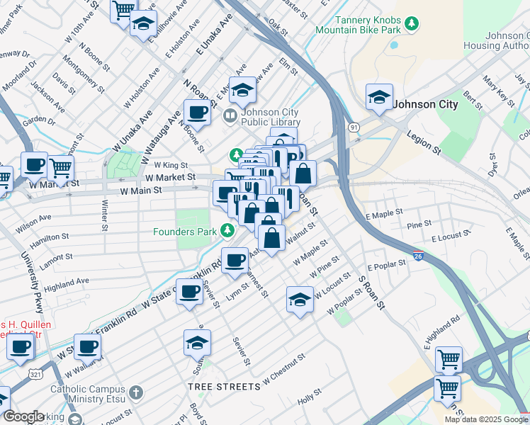 map of restaurants, bars, coffee shops, grocery stores, and more near 301 Buffalo Street in Johnson City