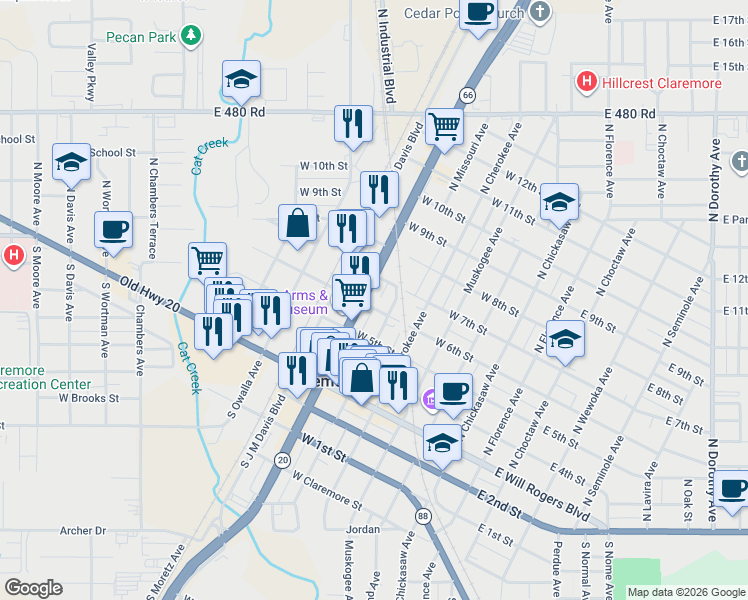 map of restaurants, bars, coffee shops, grocery stores, and more near 332 North Lynn Riggs Boulevard in Claremore