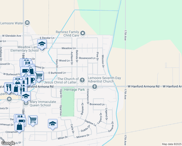map of restaurants, bars, coffee shops, grocery stores, and more near 930 Shady Street in Lemoore