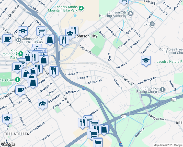 map of restaurants, bars, coffee shops, grocery stores, and more near 905 Afton Street in Johnson City