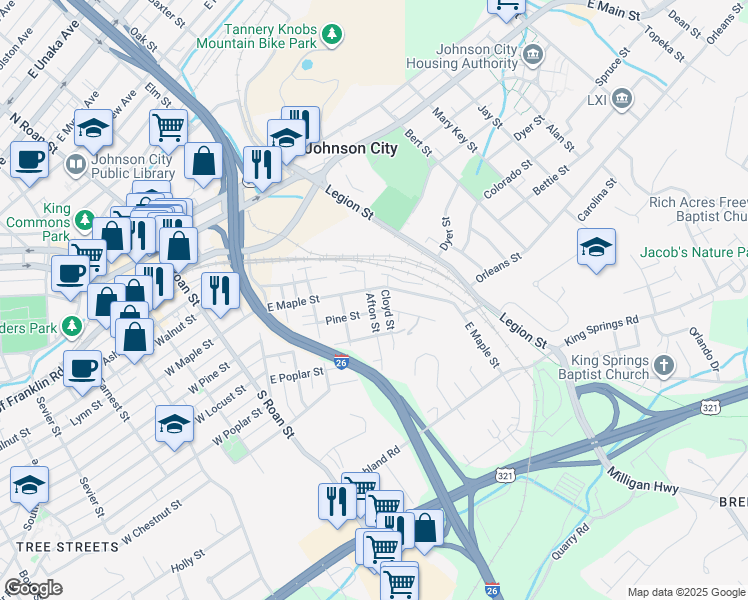map of restaurants, bars, coffee shops, grocery stores, and more near 1001 Afton Street in Johnson City