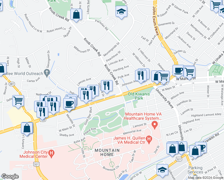 map of restaurants, bars, coffee shops, grocery stores, and more near 909 Johnson Avenue in Johnson City
