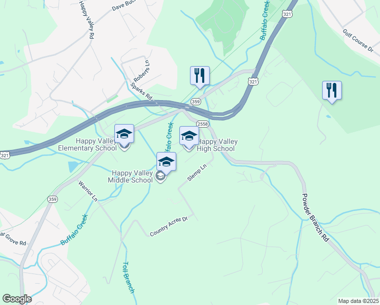 map of restaurants, bars, coffee shops, grocery stores, and more near 121 Warpath Lane in Elizabethton