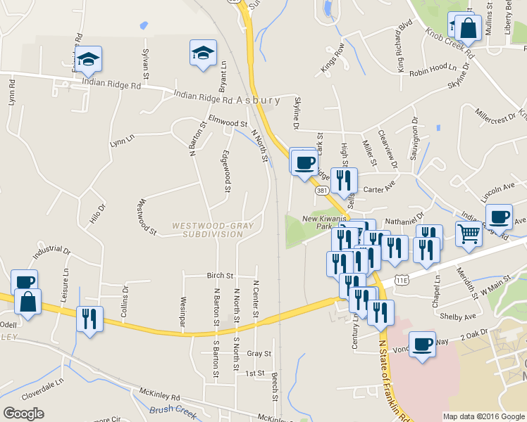 map of restaurants, bars, coffee shops, grocery stores, and more near N North St in Johnson City