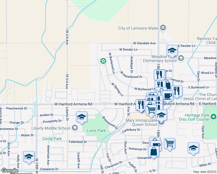 map of restaurants, bars, coffee shops, grocery stores, and more near D Street in Lemoore