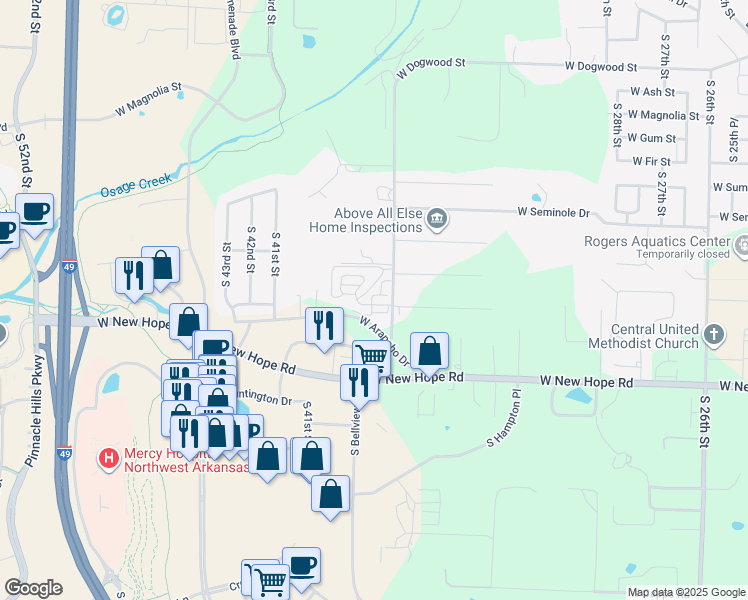map of restaurants, bars, coffee shops, grocery stores, and more near 3704 West Cherokee Road in Rogers