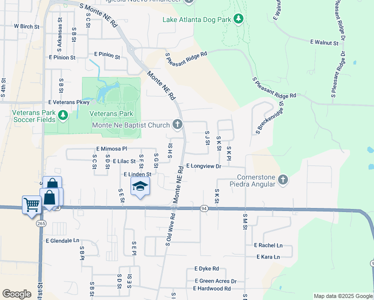 map of restaurants, bars, coffee shops, grocery stores, and more near 901 East Mimosa Place in Rogers