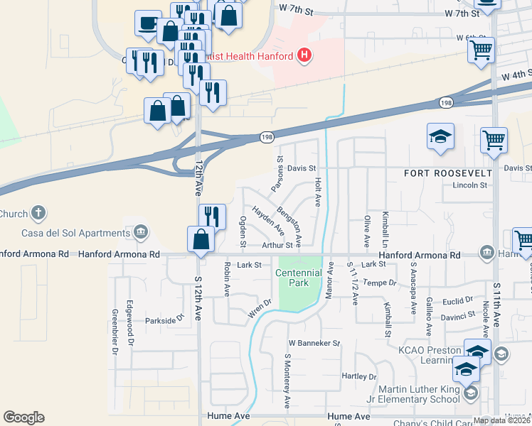 map of restaurants, bars, coffee shops, grocery stores, and more near 1455 Hayden Avenue in Hanford