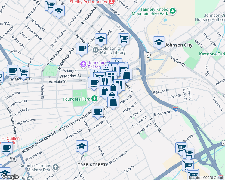map of restaurants, bars, coffee shops, grocery stores, and more near 301 Buffalo Street in Johnson City