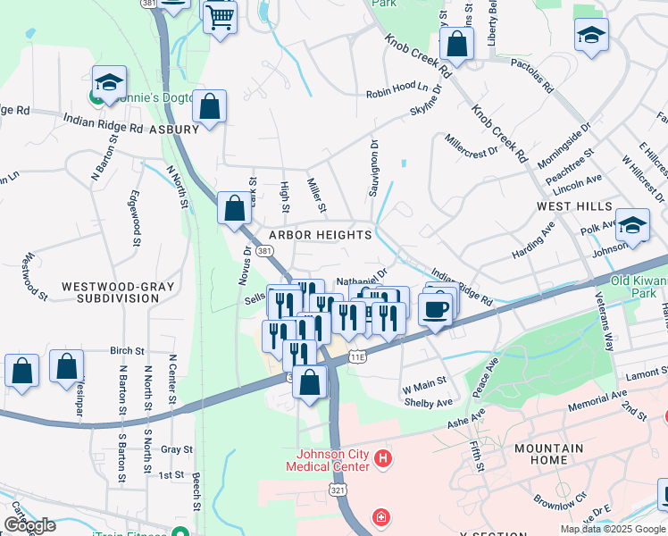 map of restaurants, bars, coffee shops, grocery stores, and more near 1709 Nathaniel Drive in Johnson City