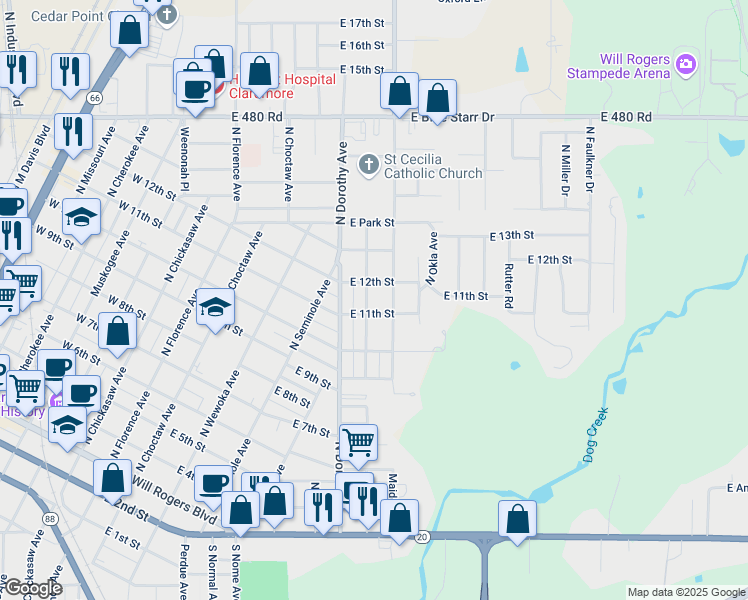 map of restaurants, bars, coffee shops, grocery stores, and more near 701 East 11th Street in Claremore