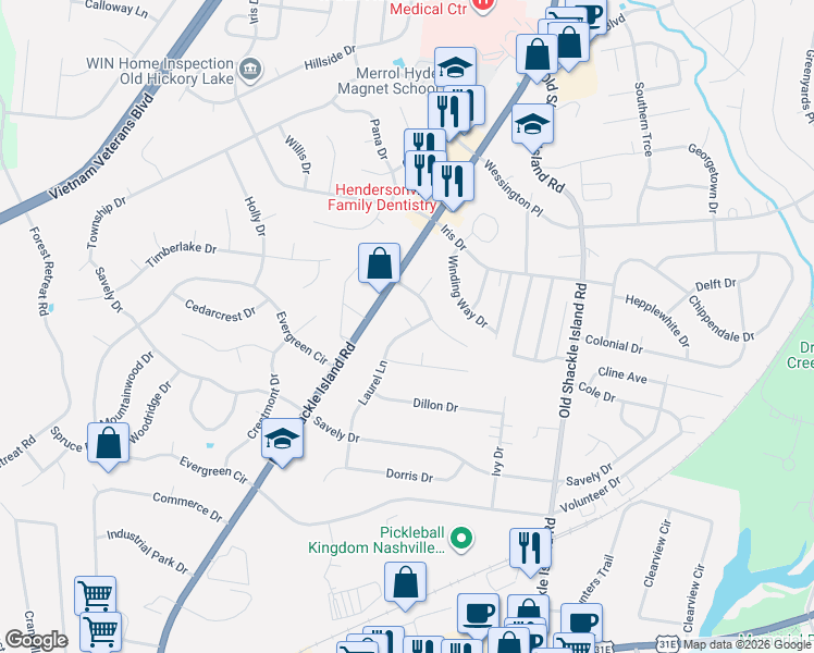 map of restaurants, bars, coffee shops, grocery stores, and more near 135 Laurel Lane in Hendersonville