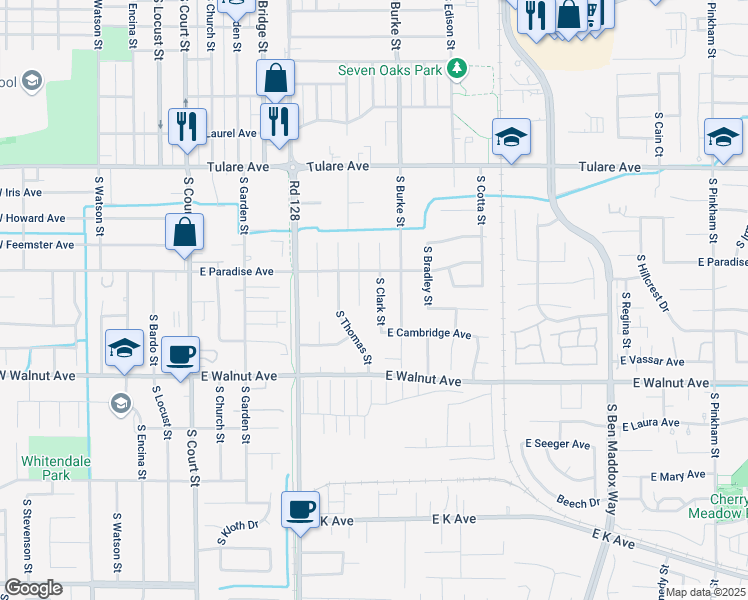 map of restaurants, bars, coffee shops, grocery stores, and more near 1720 S Michael Ct in Visalia
