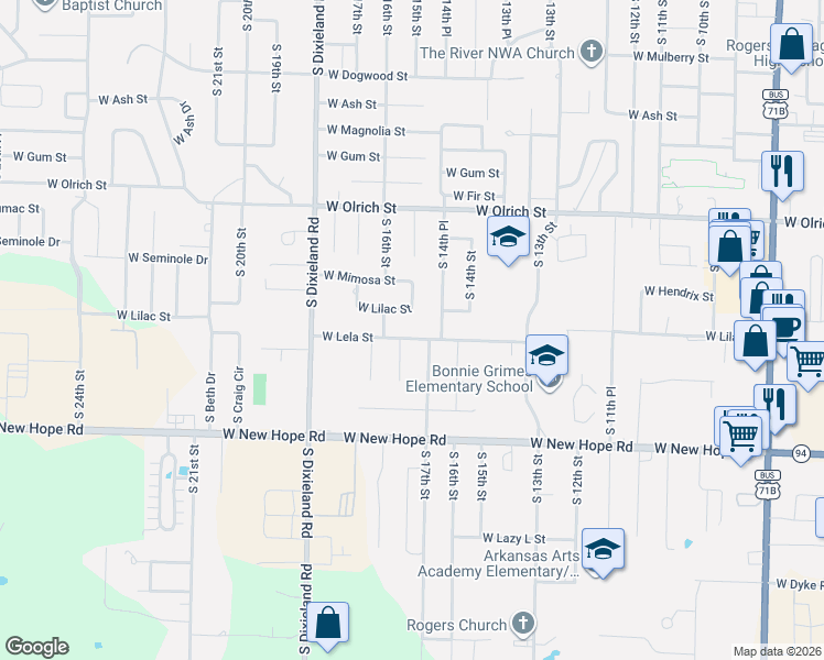 map of restaurants, bars, coffee shops, grocery stores, and more near 1506 West Lela Street in Rogers