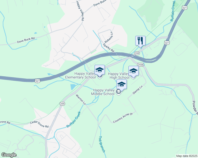 map of restaurants, bars, coffee shops, grocery stores, and more near 1840 Milligan Highway in Johnson City