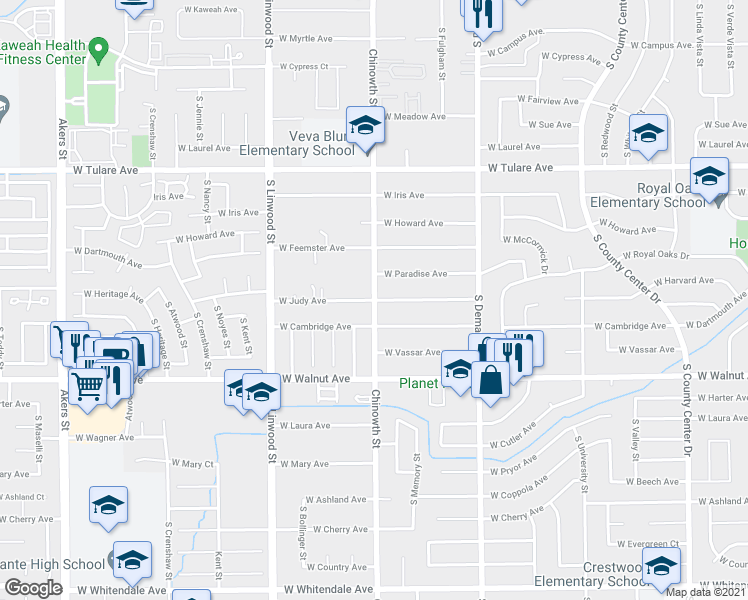 map of restaurants, bars, coffee shops, grocery stores, and more near Chinowth Street & West Judy Avenue in Visalia