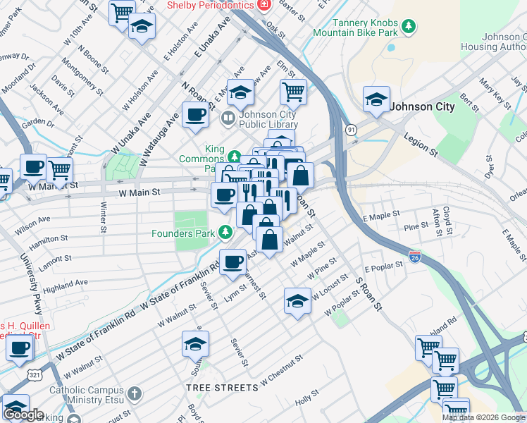 map of restaurants, bars, coffee shops, grocery stores, and more near 301 Buffalo Street in Johnson City